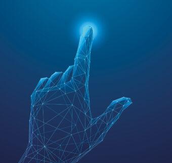 A glowing wireframe of a finger pressing a screen.