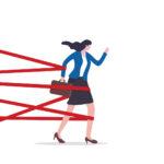 Illustratio: a woman is held back from moving forward by strands of red tape.