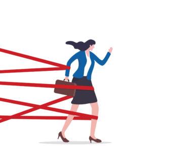 Illustratio: a woman is held back from moving forward by strands of red tape.