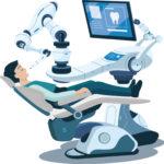 An illustration shows a futuristic robot dental chair working on a patient.