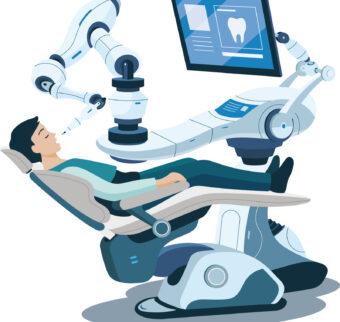 An illustration shows a futuristic robot dental chair working on a patient.